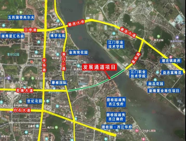 隧道主线双向6车道越江接地后,以高架桥形式上跨港口路,沿发展大道