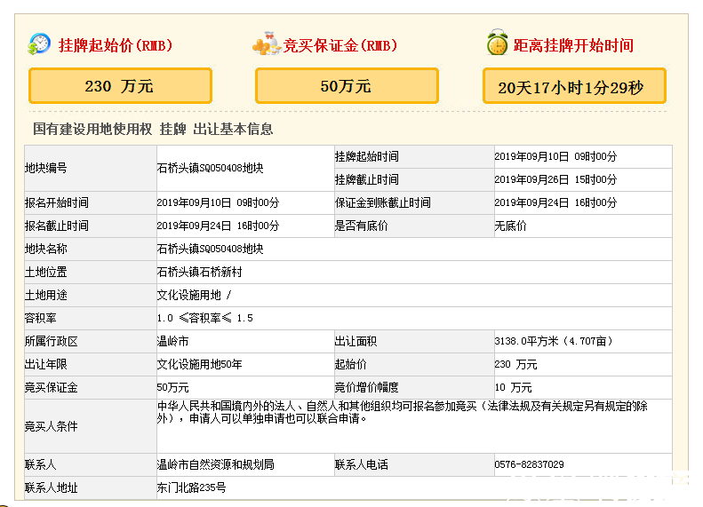 230万起！温岭石桥头镇石桥新村文化设施用地9月出让