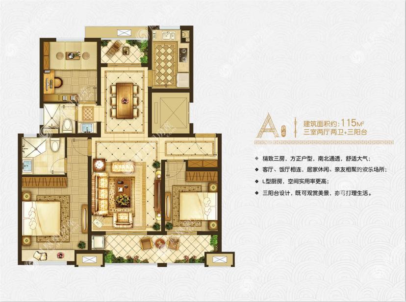 東部美的城,東部美的城3室2廳115㎡戶型圖,朝向-徐州鳳凰網房產