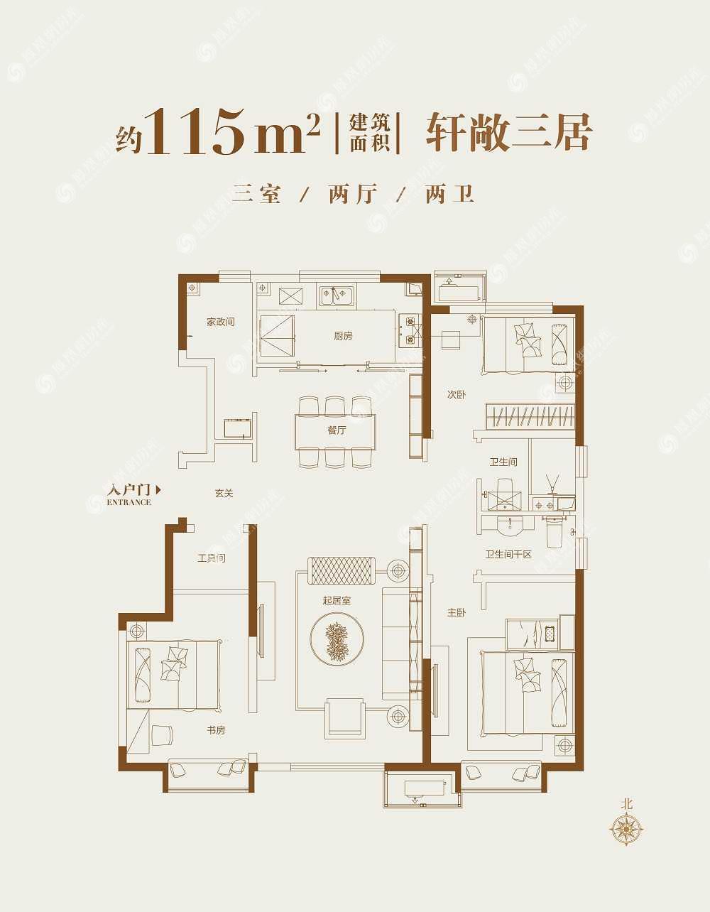 万科东郡115平米三居户型,万科东郡3室2厅2卫 115㎡户型图,朝向-天津